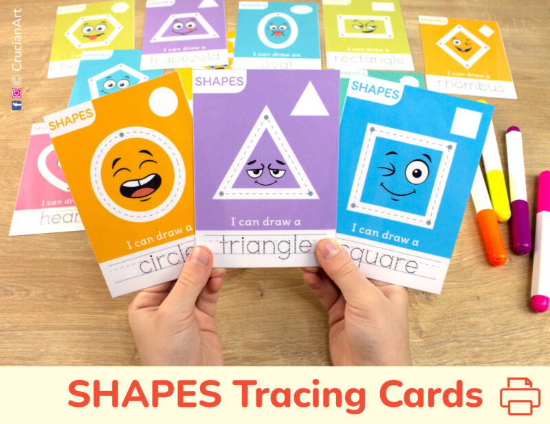 Set of printable cards to learn 2d geometric shapes and shapes names. Toddler and preschool homeschool learning resource. Flashcards with triangle, square, and circle.