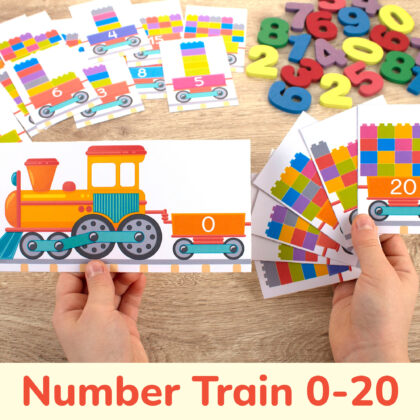 Number train puzzle printable counting activity for toddlers and preschoolers. Learning resource to practice number sequence from zero to twenty.