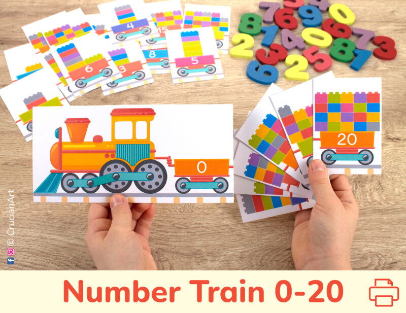 Number train puzzle printable counting activity for toddlers and preschoolers. Learning resource to practice number sequence from zero to twenty.
