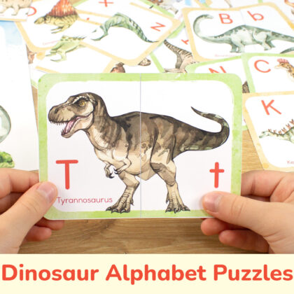 Dinosaurs theme picture puzzles for toddler and preschool education: Tyrannosaurus T-rex. Dino alphabet resource for classroom learning.