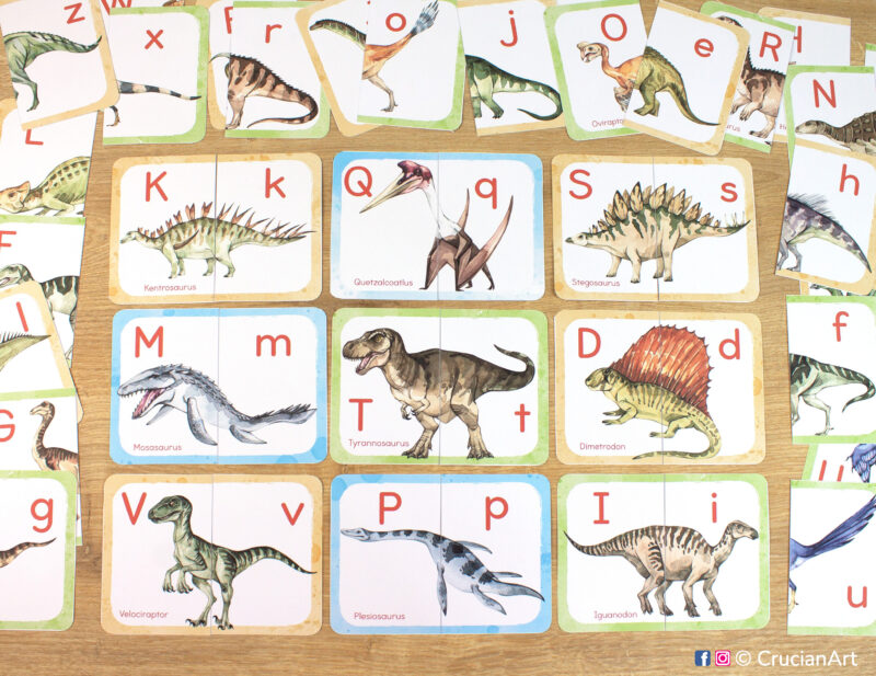 Dinosaur alphabet picture puzzles: tyrannosaurus, velociraptor, iguanodon, dimetrodon, plesiosaurus, stegosaurus, kentrosaurus, quetzalcoatlus, mosasaurus. Match the ABC puzzle halves printable game for early learning. Dinosaurs theme visual cards for toddler.
