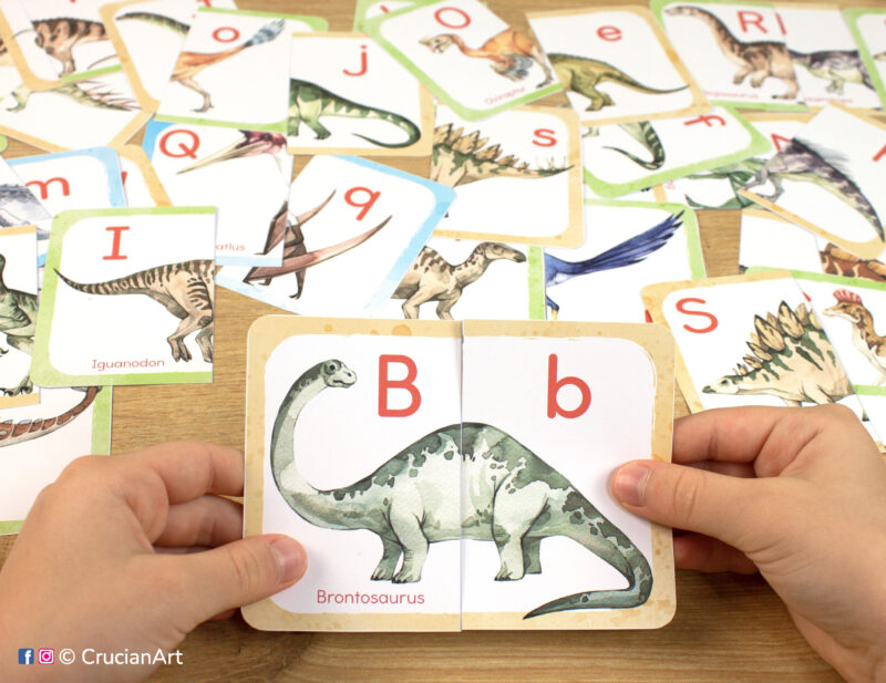 Brontosaurus watercolor picture puzzle. Dinosaur alphabet puzzles play for preschool classrooms. Fine motor skills development and letters and sounds learning for three year olds.