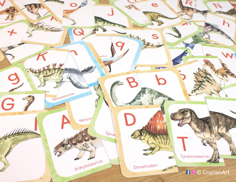 Dinosaur alphabet puzzles for toddlers and preschoolers. Printable letters and sounds learning activities for two year olds and three year olds.