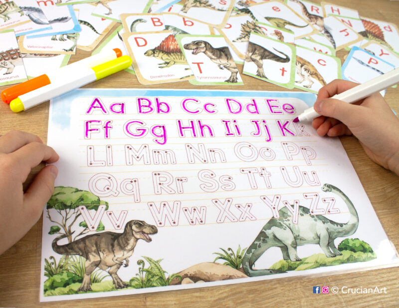 Dinosaur alphabet worksheet with uppercase and lowercase letters. Printable activity to practice handwriting. Preschool and kindergarten classroom resource for teachers.