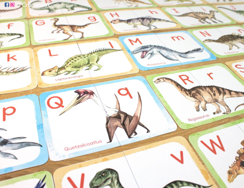 Set of dinosaur alphabet puzzles with watercolor illustrations of quetzalcoatlus, leptoceratops, mosasausus. Letters and sounds learning puzzle pairs for toddler and preschool learning.
