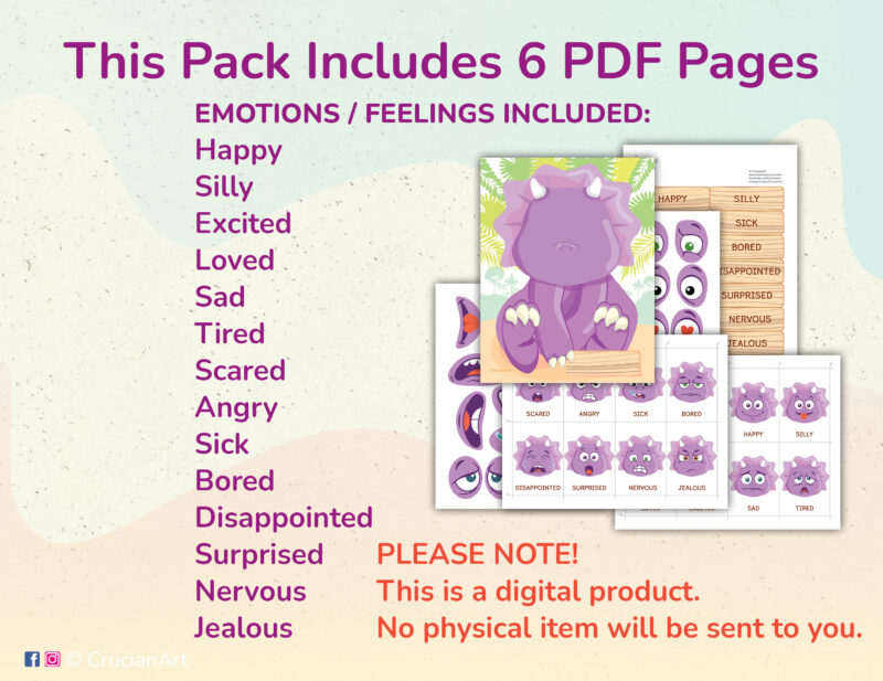 Dinousaur themed activity to learn about feelings and emotions by building dino faces: happy, excited, sad, tired, angry, scared, silly, loved, bored, surprised, disappointed, nervous, sick, jealous.