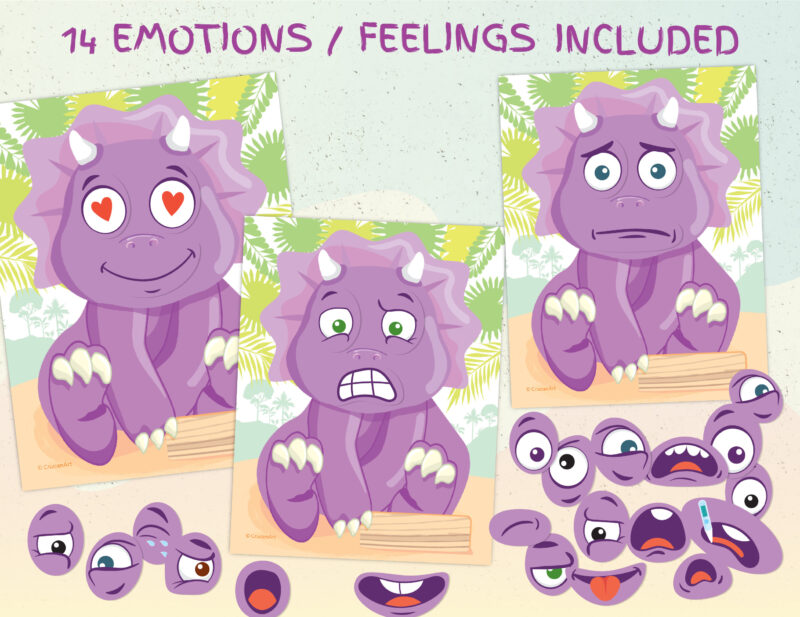 Emotion recognition activity for preschool kids. Triceratops dinosaur theme activity about feelings and mood.