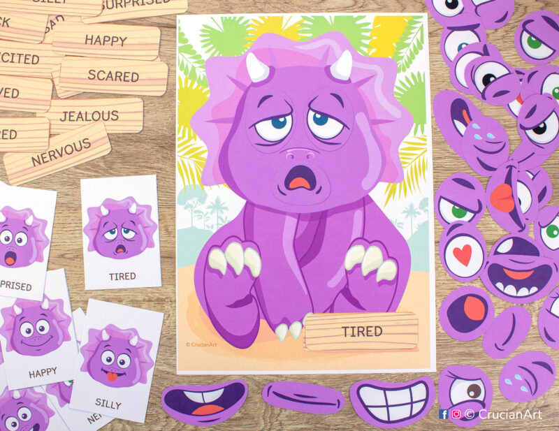 Triceratops dinosaur facial expressions building play for toddler. Understanding emotions printable activity.