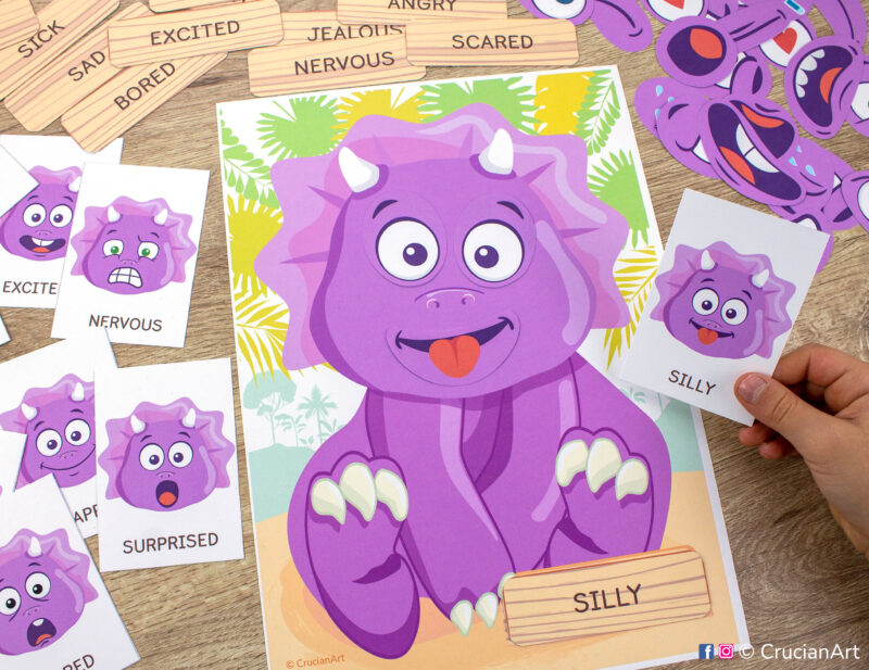 Triceratops dinosaur feelings and emotions activity for toddlers. Printable materials for preschool classrooms on developing emotional intelligence.