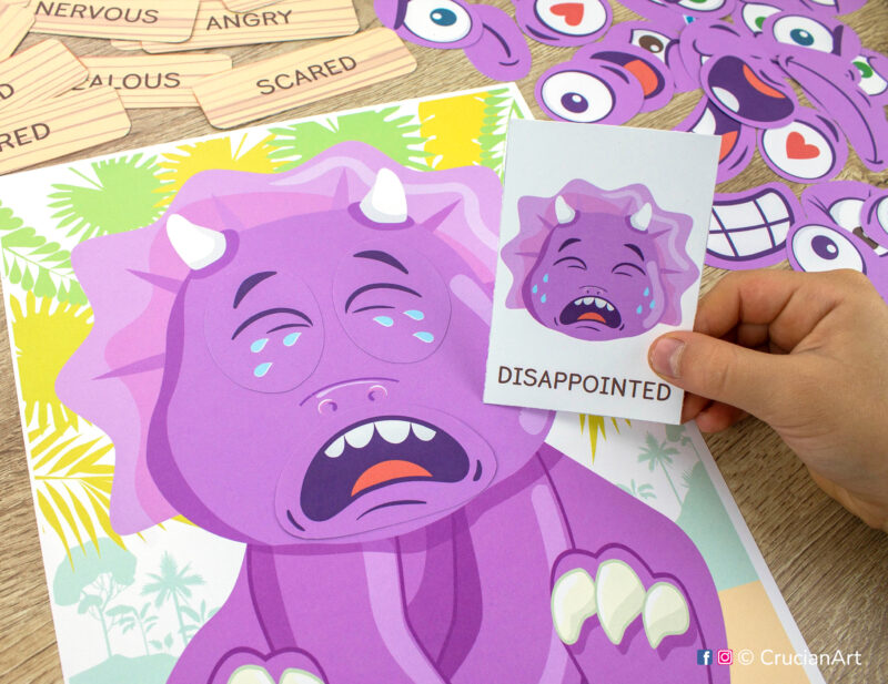 Dino theme emotions and feelings activity for emotion recognition. Learning printables for preschool teachers.