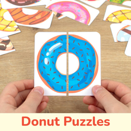 Sweets theme picture puzzles for preschool education. Donuts patterns matching cards for toddler learning.