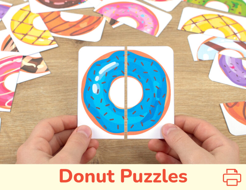 Sweets theme picture puzzles for preschool education. Donuts patterns matching cards for toddler learning.