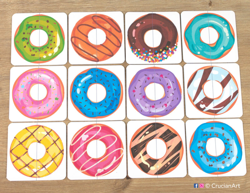 Donuts theme picture puzzles. Match the pattern puzzle halves printable activity for early learning. Desserts theme visual cards for toddler.