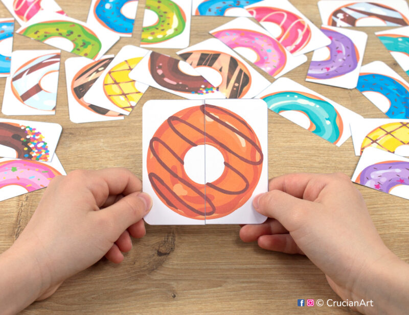 Donuts picture puzzle. Printable treats theme puzzles play for preschool classrooms. Pattern recognition and fine motor skills development for three year olds.