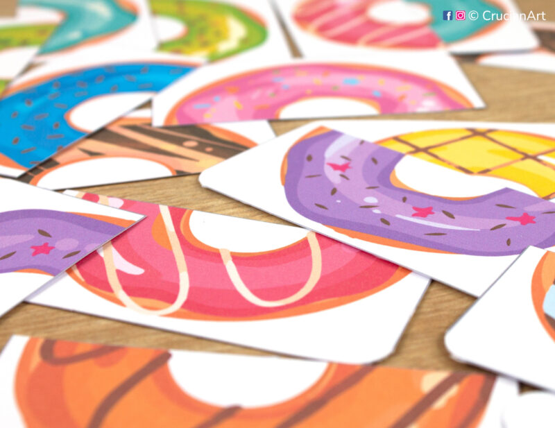 Donuts puzzles for toddlers and preschoolers. Printable pattern recognition matching activity for two year olds and three year olds.