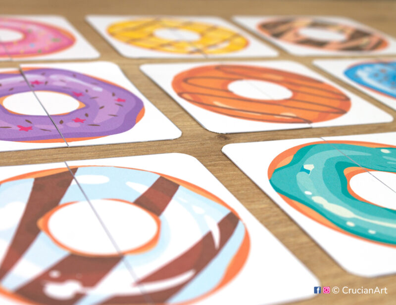 Donuts puzzles for pattern recognition learning activity. Sweets themed printables for toddlers.