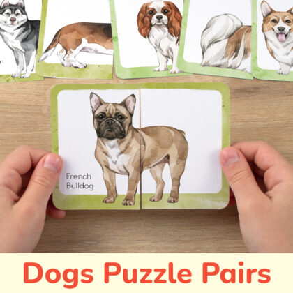 Dog breeds theme picture puzzles for toddler and preschool education. DIY resources for classroom learning.