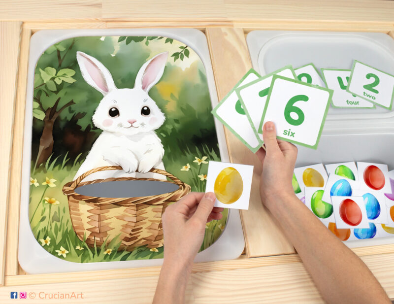 Easter bunny toddler play for sensory bins. DIY template inserted into IKEA Flisat table, with Easter eggs counters placed in the Trofast box.