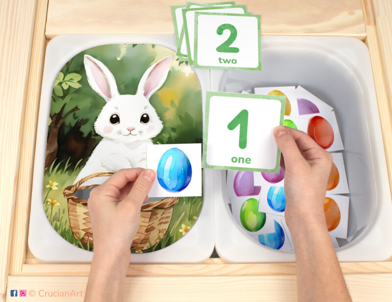 Easter theme Flisat insert resource in a Montessori preschool: early math counting activity placed on an IKEA Children's Sensory Table. White bunny with a basket and Easter eggs illustration for kids sensory table insert.