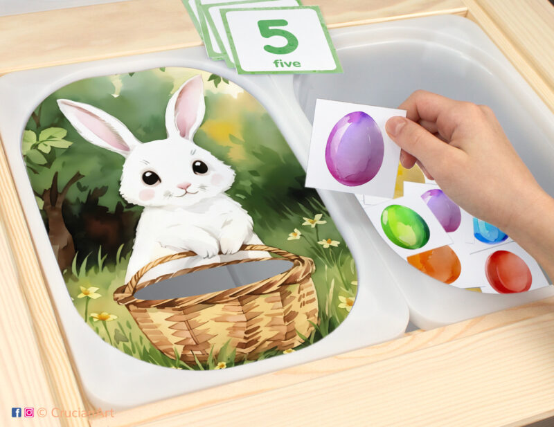 Easter bunny and Easter eggs theme sensory play in a childcare center: classroom learning printable materials for an Easter holiday unit. Counting Trofast insert template for kids sensory bins. Printables for the IKEA Flisat Sensory Table.