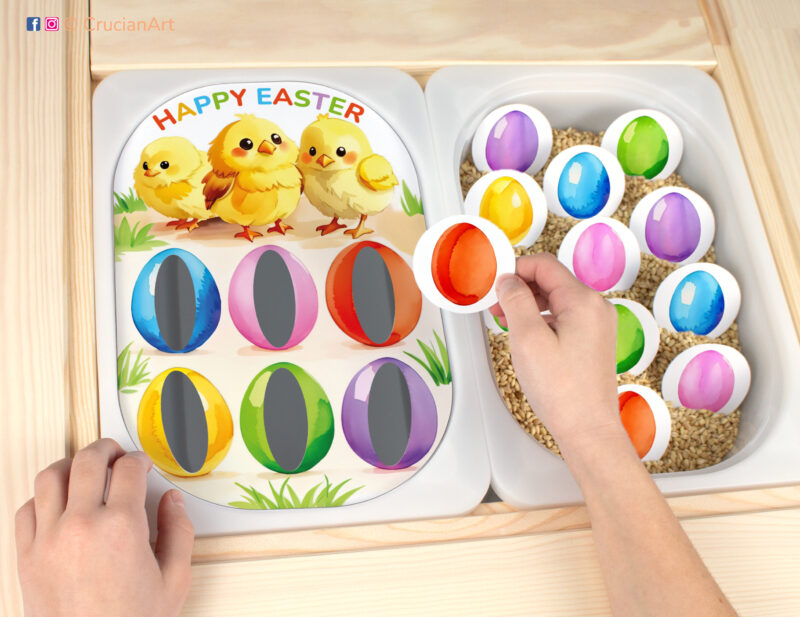 Easter yellow chicks and colored Easter eggs theme sensory play in a childcare center: classroom learning printable materials for an Easter holiday unit. Trofast insert template for kids sensory bins. Sorting printables for the IKEA Flisat Sensory Table.