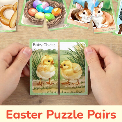 Easter theme picture puzzles for toddler and preschool education. DIY classroom resources for seasonal learning. Easter chicks, Easter eggs, Easter bunnies watercolor images.