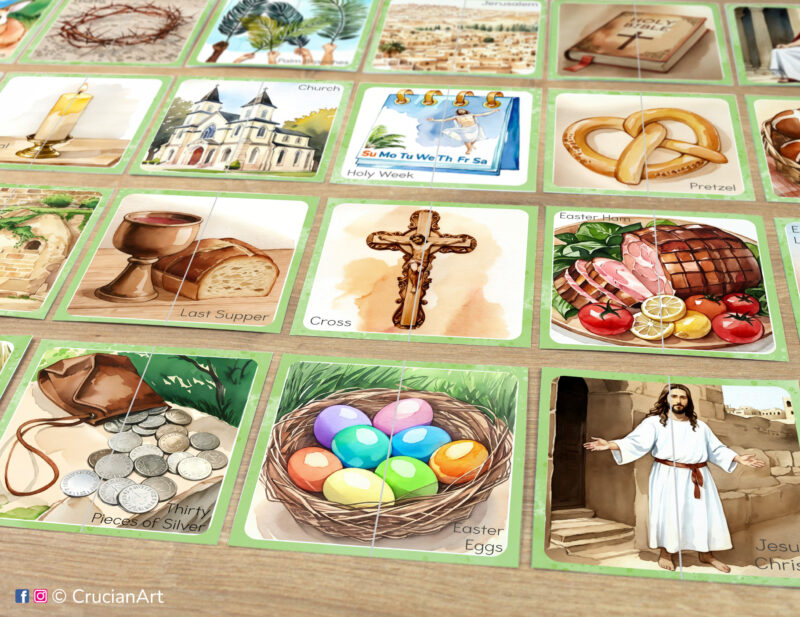 Set of Easter theme puzzle pairs to print for classroom activity. Picture puzzles: Easter eggs, cross, Jesus Christ, Pretzel. DIY toddler and preschool matching game.