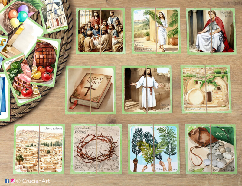 Match the puzzle halves printable activity for early learning. Easter picture puzzles: Jesus Christ, Bible, Garden Tomb, Twelve Apostles, Mary Magdalene, Pontius Pilate, Jerusalem, Palm Branches, Crown of Thorns.