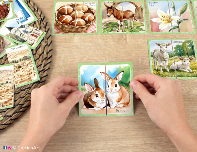 Kids puzzle matching activity in use: watercolor picture puzzle with Easter bunnies. Montessori printables for two year olds.