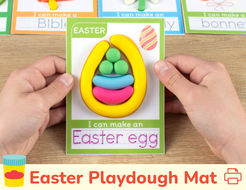 Printable playdough mats for preschool spring season curriculum. Easter egg themed play doh mat with tracing word.