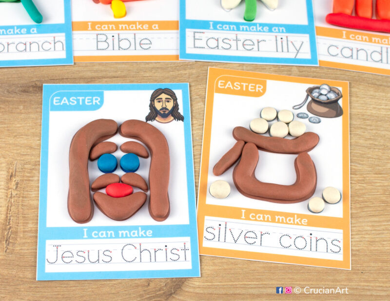 Set of printable playdough mats for Easter learning theme: Jesus Christ and thirty pieces of silver.
