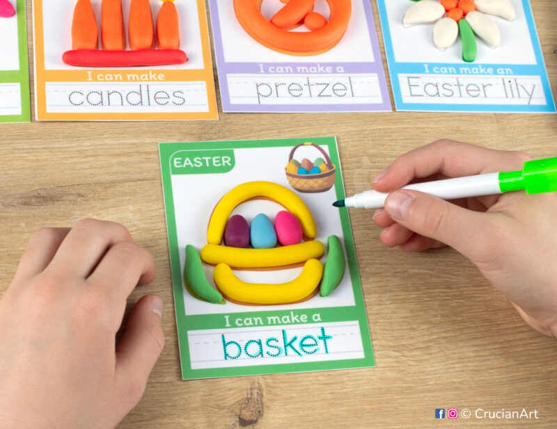Printable Easter theme playdough mats. Spring season play dough mat with an illustration of an Easter basket. Do-it-yourself language learning educational resources for childcare centers.