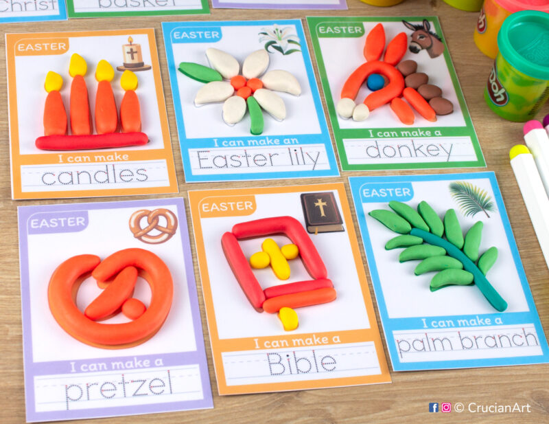 Easter themed playdough mats for toddlers and preschoolers with images of a Bible, palm branch, pretzel, Easter lily, candles, and donkey.