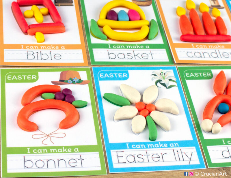Easter playdough mats for preschool spring holiday unit. Play-doh mats with a bonnet, Easter lily, Easter basket, Bible.