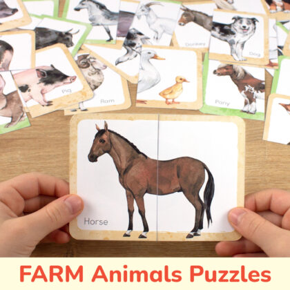 Farm animals theme picture puzzles for toddler and preschool education: horse, rabbit, pony. On the farm theme resources for classroom learning.