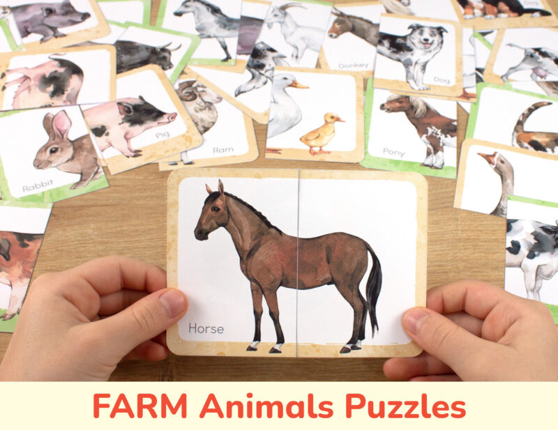 Farm animals theme picture puzzles for toddler and preschool education: horse, rabbit, pony. On the farm theme resources for classroom learning.