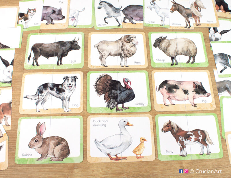 Farm animals picture puzzles: pig, sheep, ram, bull, rabbit, duck and duckling, pony, tukey, dog, horse, donkey, goat. Match the puzzle halves printable game for early learning. Barnyard animals theme visual discrimination cards for toddler.