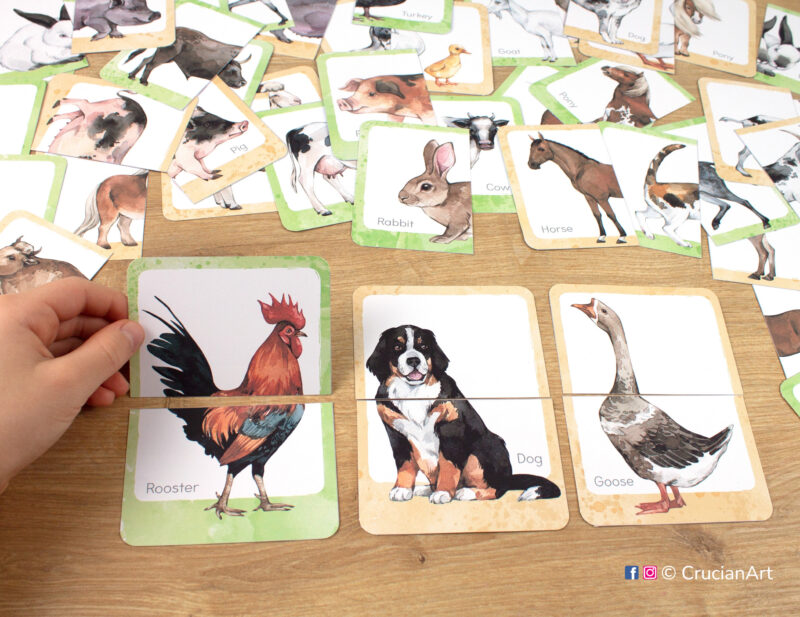 Farm animals theme printable set of picture puzzles for preschool teachers. Watercolor puzzle pairs with images of a rooster, goose, dog, rabbit, horse.