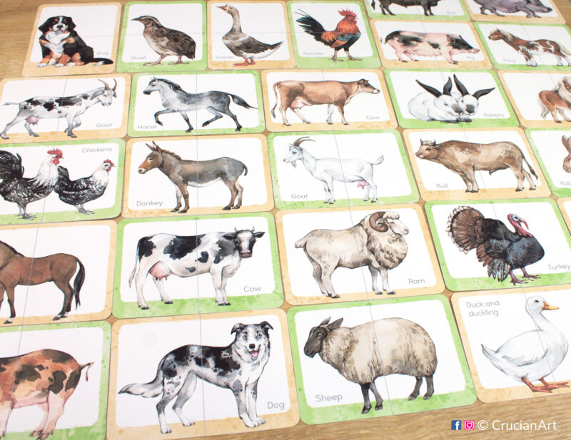 Set of farm animals puzzle pairs to print for classroom activity. Barnyard animals theme watercolor picture puzzles: cow, pig, sheep, rabbit, chickens, hen and chicks, horse, duck and duckling, turkey, bull, dog, cat, duck, goose, pony, ram, goat, donkey, quail. DIY toddler and preschool matching game.