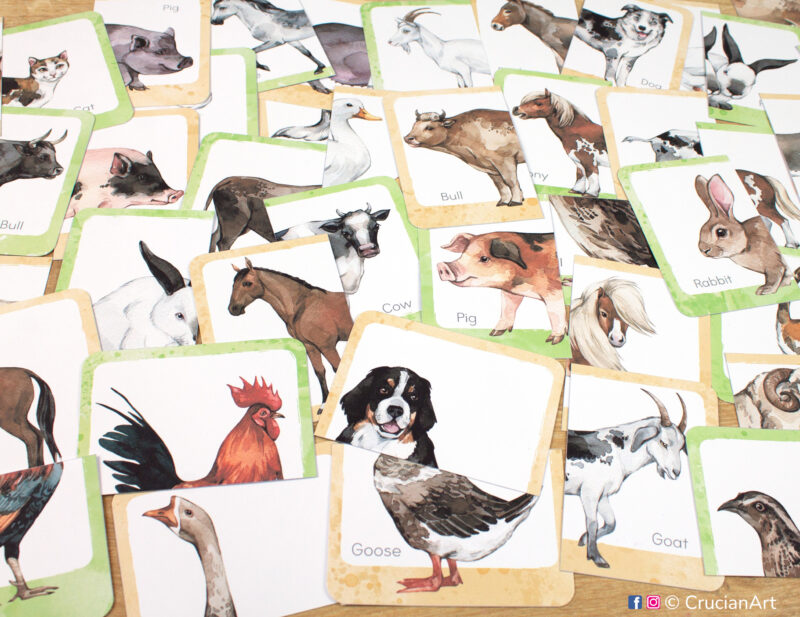 Set of printed farm animals theme three-part cards with watercolor illustrations of pig, rabbit, bull, horse, cow, rooster, goat, dog.