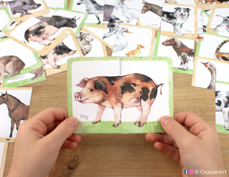 Farm animals: pig, horse, pig, dog. Kids watercolor picture puzzle in use. Montessori printables for two year olds.