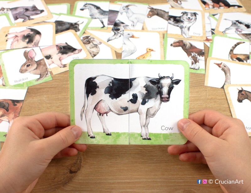 Cow watercolor picture puzzle. Farm animals theme puzzles play for preschool classrooms. Fine motor skills development for three year olds.