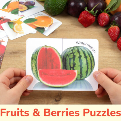 Fruits and berries real photo puzzles for preschool education. Summer harvest matching cards for toddler learning.