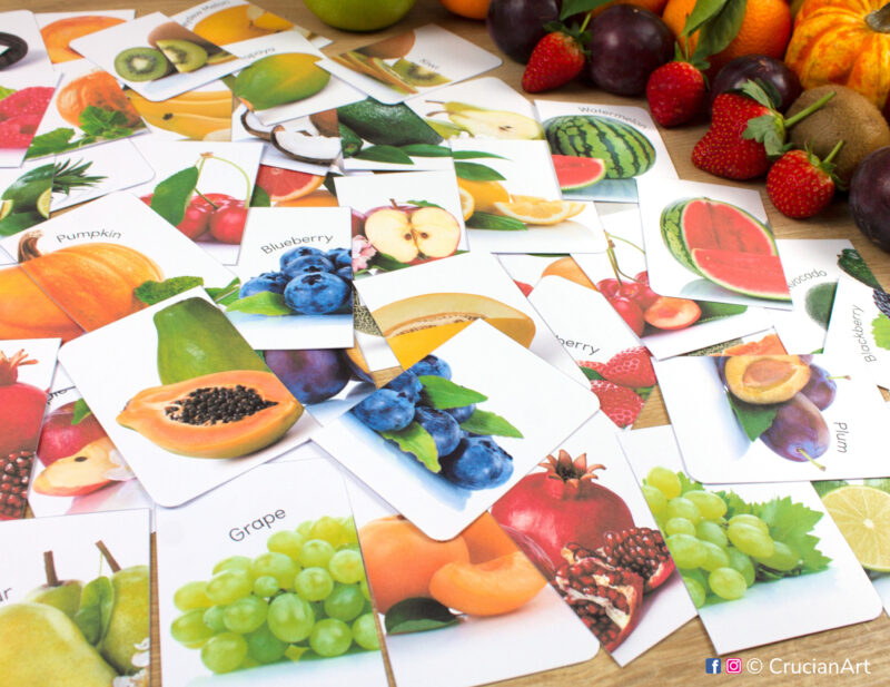 Real photo fruits and berries puzzles for toddlers and preschoolers. Printable pattern recognition matching activity for two year olds and three year olds.