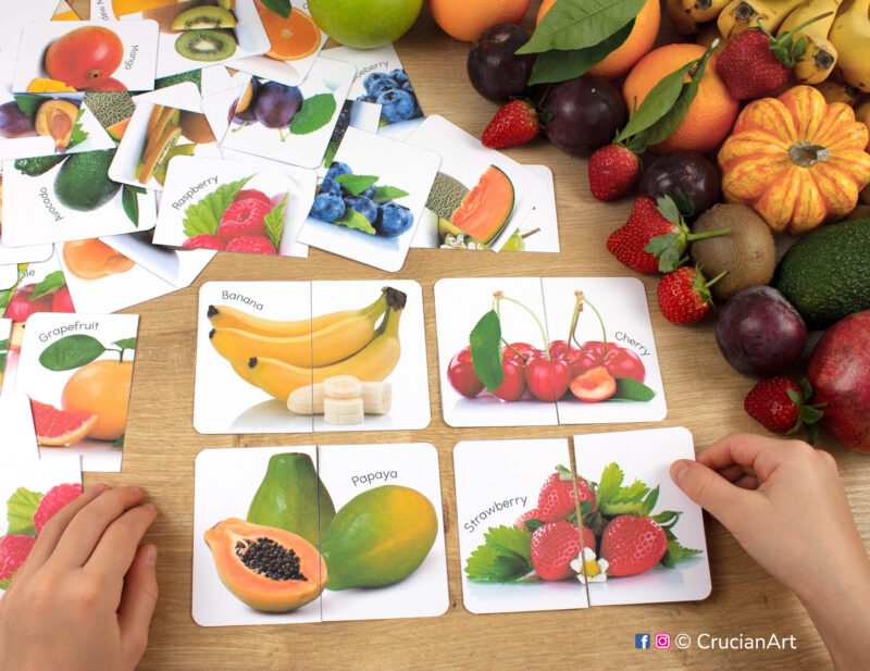 Real photo fruits and berries picture puzzles: banana, cherry, strawberry, papaya. Match the puzzle halves printable game for early learning. Healthy food theme visual discrimination cards for toddler.