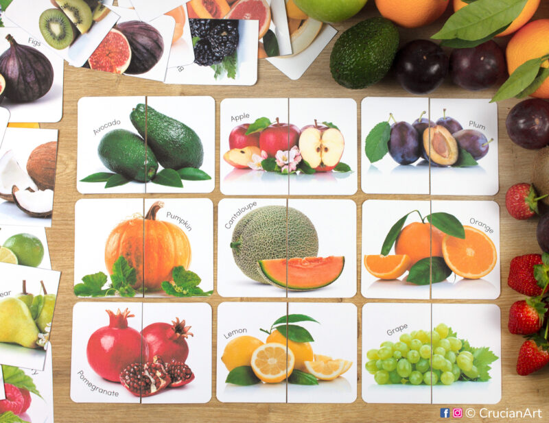 Fruits and berries real photo puzzles: avocado, apple, lemon, grape, orange, pomegranate, pumpkin, plum, cantaloupe. Match the puzzle halves printable game for early learning. Healthy food theme visual discrimination cards for summer harvest study unit.