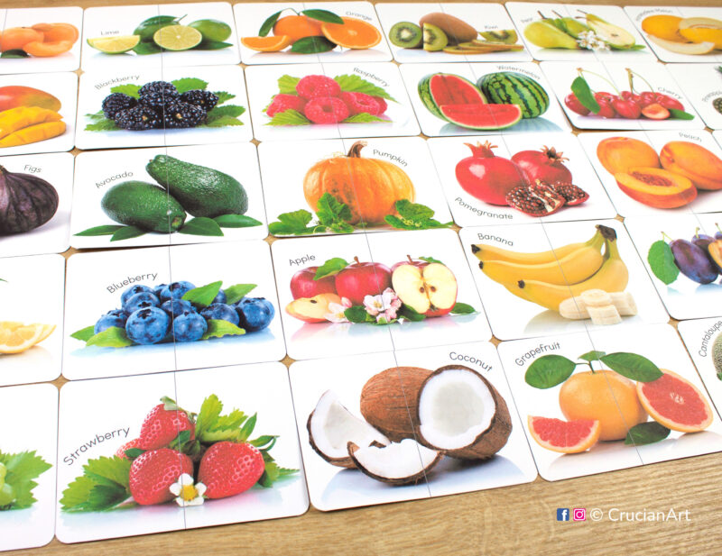 Set of real photo Fruits and Berries puzzle pairs to print for classroom activity. Healthy food theme picture puzzles: apple, banana, strawberry, blueberry, coconut, grapefruit, avocado, pumpkin, pomegranate, watermelon, raspberry, orange, blackberry, kiwi, pear, cherry, plum. DIY toddler and preschool matching game.