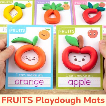 Fruits themed playdough mats for preschool curriculum. Orange and apple fruit mats with play-doh and tracing words.