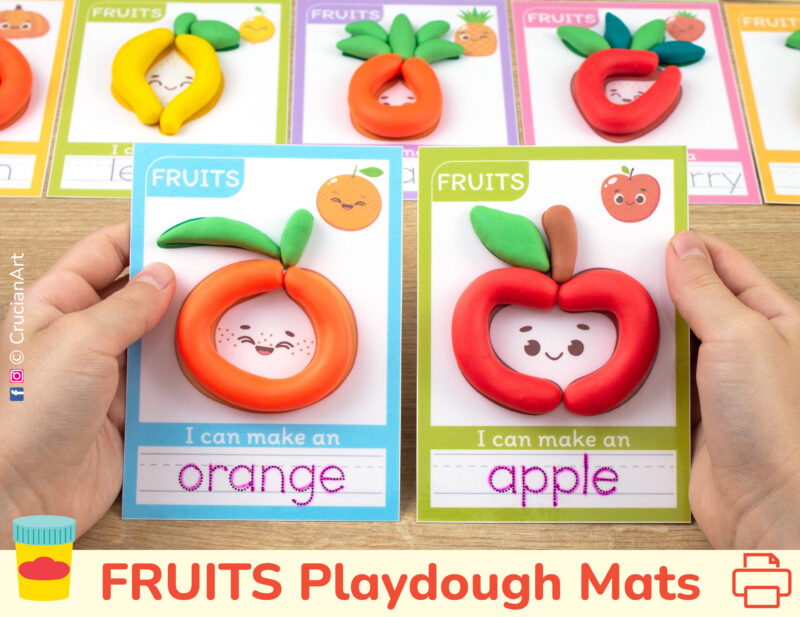 Fruits themed playdough mats for preschool curriculum. Orange and apple fruit mats with play-doh and tracing words.