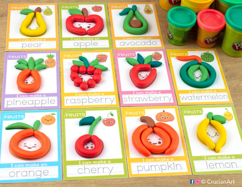 Set of Fruit Garden printable materials for playdough sensory station. Playdough mats for Play-Doh with images of an apple, orange, watermelon, lemon, pear, strawberry, pumpkin, avocado, raspberry, pineapple, cherry.